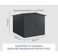 Abmessungen eines Gerätehauses mit Satteldach: 203 cm Höhe, 262 cm Breite und 214 cm Tiefe