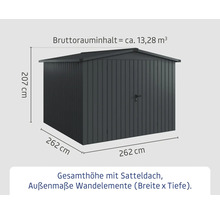 Abmessungen eines Gerätehauses mit Satteldach und den Maßen 262 x 262 x 207 Zentimeter