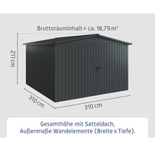 Abbildung eines Gerätehauses mit Maßangaben zu Höhe, Breite und Tiefe