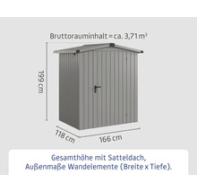 Gartenschrank aus Metall mit Satteldach und Maßangaben