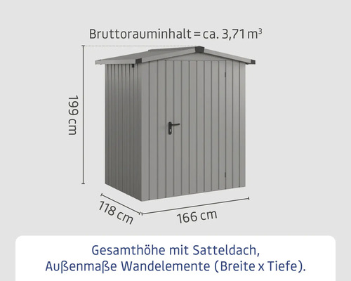 Gartenschrank aus Metall mit Satteldach und Maßangaben