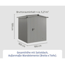 Abmessungen eines Geräteschuppens mit Satteldach: 199 cm Höhe, 166 cm Breite, 166 cm Tiefe und 5,21 Kubikmeter Bruttorauminhalt.