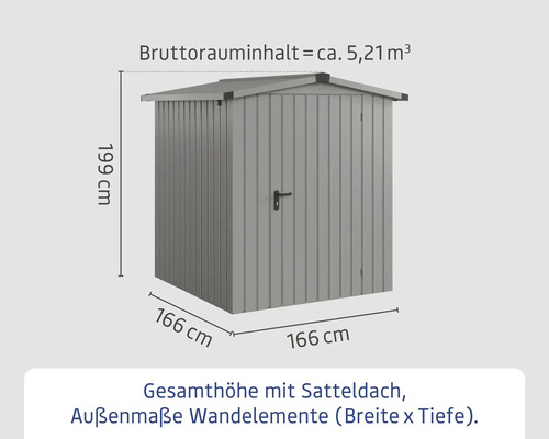 Abmessungen eines Geräteschuppens mit Satteldach: 199 cm Höhe, 166 cm Breite, 166 cm Tiefe und 5,21 Kubikmeter Bruttorauminhalt.