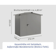 Gartenschuppen aus Metall mit Satteldach und Maßangaben