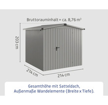 Abmessungen eines Gerätehauses mit Satteldach, Höhe 203 cm, Breite 214 cm, Tiefe 214 cm, Bruttorauminhalt 8,76 Kubikmeter