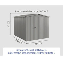 Abmessungen eines Gerätehauses mit Satteldach und einem Bruttorauminhalt von circa 10,73 Kubikmeter.