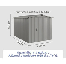 Metall Gerätehaus mit Satteldach und Maßangaben