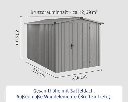 Metall Gerätehaus mit Satteldach und Maßangaben