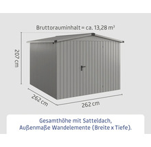 Abmessungen des Gerätehauses mit Satteldach: 262 cm breit, 262 cm tief und 207 cm hoch
