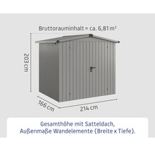 Gartenschuppen mit Satteldach und den Maßen 214 Zentimeter Breite, 166 Zentimeter Tiefe und 203 Zentimeter Höhe.