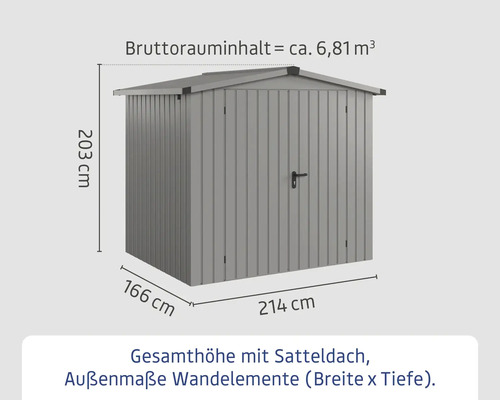 Gartenschuppen mit Satteldach und den Maßen 214 Zentimeter Breite, 166 Zentimeter Tiefe und 203 Zentimeter Höhe.
