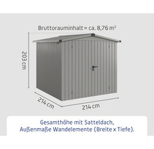 Gartenschrank mit Satteldach und den Maßen 214 mal 214 mal 203 Zentimeter