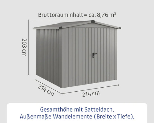 Gartenschrank mit Satteldach und den Maßen 214 mal 214 mal 203 Zentimeter