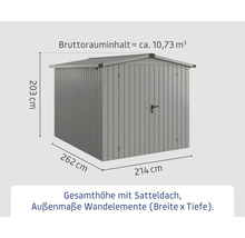 Abmessungen eines Gerätehauses mit Satteldach: 203 Zentimeter Höhe, 262 Zentimeter Breite und 214 Zentimeter Tiefe. Das Bruttorauminhalt beträgt circa 10,73 Kubikmeter.