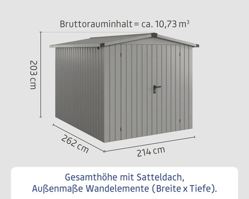 Abmessungen eines Gerätehauses mit Satteldach: 203 Zentimeter Höhe, 262 Zentimeter Breite und 214 Zentimeter Tiefe. Das Bruttorauminhalt beträgt circa 10,73 Kubikmeter.