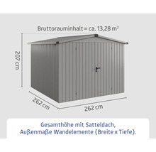 Abmessungen eines Geräteschuppens mit Satteldach.