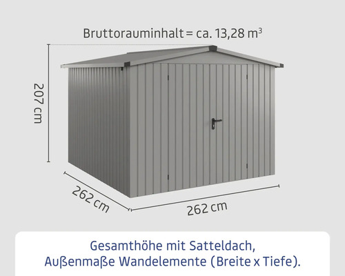 Abmessungen eines Geräteschuppens mit Satteldach.
