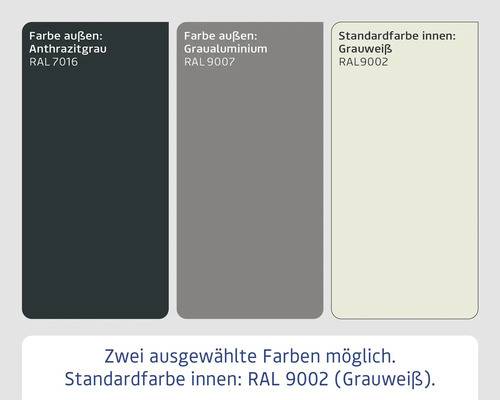 Farbauswahl mit Anthrazitgrau RAL 7016, Graualuminium RAL 9007 und Standard-Innengrauweiss RAL 9002.