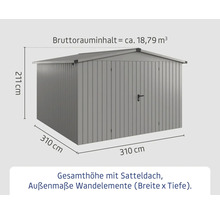 Metall Gerätehaus mit Satteldach und Größenangaben