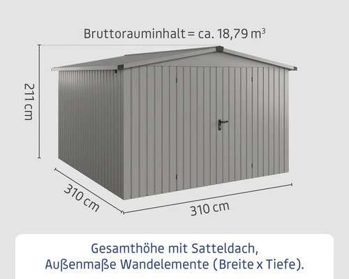 Metall Gerätehaus mit Satteldach und Größenangaben
