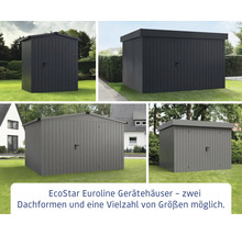 Verschiedene EcoStar Euroline Gerätehäuser mit unterschiedlichen Dachformen und Größen im Garten.
