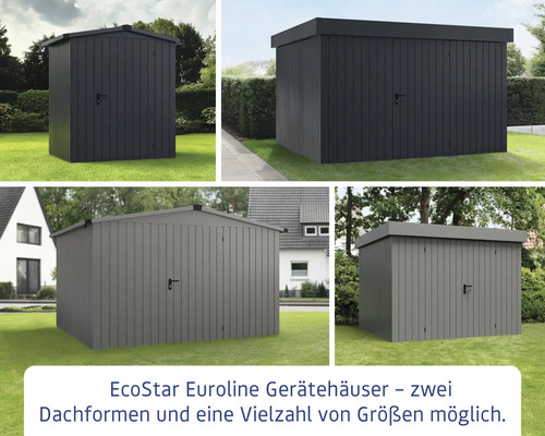 EcoStar Euroline Gerätehäuser mit unterschiedlichen Dachformen und Größen im Garten.