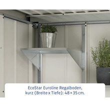 EcoStar Euroline kurzer Regalboden mit den Maßen 48 x 35 cm in einem Gartenhaus.