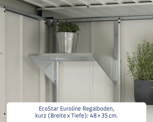 EcoStar Euroline kurzer Regalboden mit den Maßen 48 x 35 cm in einem Gartenhaus.