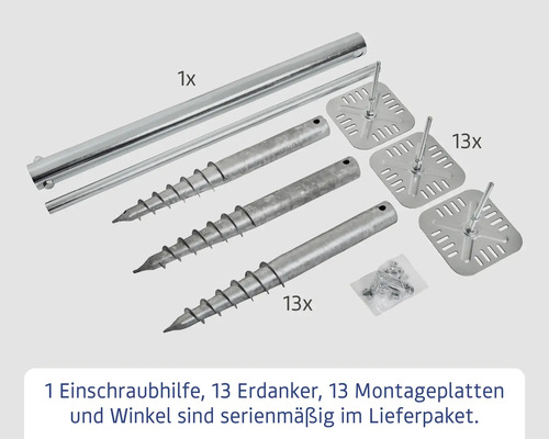 Set mit Einschraubhilfe, Erdankern, Montageplatten und Winkeln