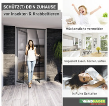 Insektenschutzgittertür mit Frau, die durch die Tür geht. Oben: Kind, das sich im Bett streckt. Mitte: Helle Küche. Unten: Frau schläft friedlich. Windhager Logo.