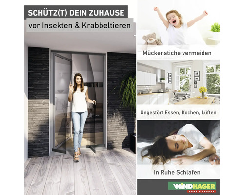 Insektenschutzgittertür mit Frau, die durch die Tür geht. Oben: Kind, das sich im Bett streckt. Mitte: Helle Küche. Unten: Frau schläft friedlich. Windhager Logo.
