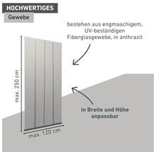 Hochwertiges Gewebe aus UV-beständigem Fiberglas in Anthrazit, in Breite und Höhe anpassbar, maximale Höhe 250 Zentimeter, maximale Breite 120 Zentimeter