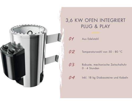 Elektrischer Saunaofen aus Edelstahl mit 3,6 Kilowatt Leistung und mechanischer Zeitschaltuhr