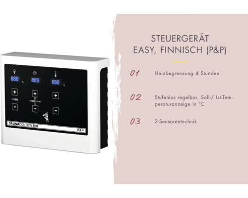Saunasteuergerät Easy Finnisch mit Heizbegrenzung, stufenloser Regelung und 2-Sensorentechnik