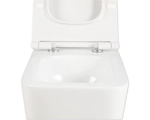 Weißes wandhängendes Tiefspül-WC mit offenem Spülrand und WC-Sitz