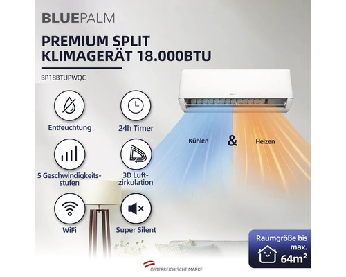 BluePalm Premium Split Klimagerät 18000 BTU mit Entfeuchtungsfunktion, 24 Stunden Timer, 5 Geschwindigkeitsstufen, 3D Luftzirkulation, WLAN Funktion und Super Silent Modus für Raumgrößen bis maximal 64 Quadratmeter