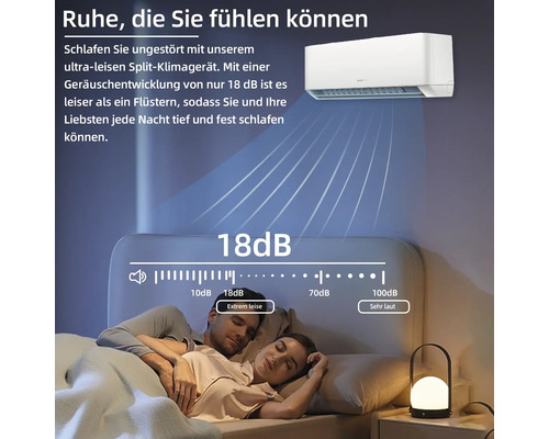 Abbildung eines Split Klimageräts über einem Paar im Schlafzimmer, das die geringe Lautstärke von 18 Dezibel des Geräts hervorhebt.