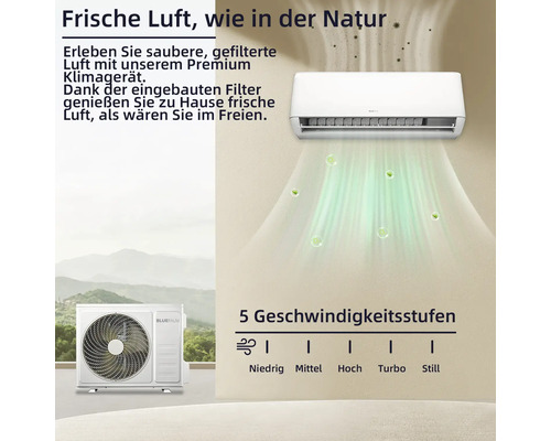 Innen- und Außeneinheit der Bluepalm Klimaanlage mit fünf Geschwindigkeitsstufen.