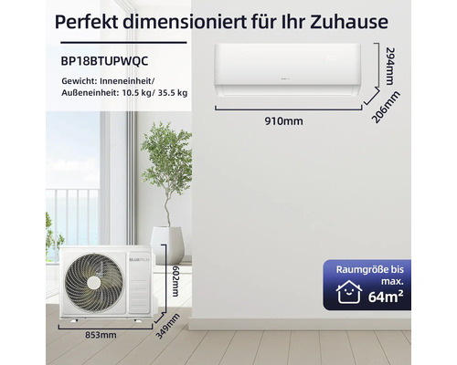 Abmessungen des BluePalm BP18BTUPWQC Klimageräts für den Innen- und Außenbereich