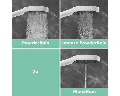 Handbrause mit drei Strahlarten: PowderRain, Intense PowderRain und MonoRain.