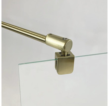 Detailaufnahme einer Duschkabinenhalterung aus Metall mit Glaseinsatz.