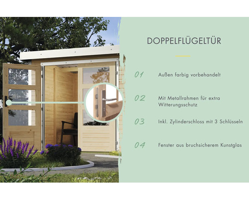 Doppelflügeltür mit Fenster aus bruchsicherem Kunststoffglas und Zylinderschloss für Gartenhaus