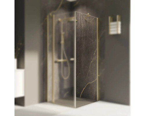 Seitenwand für Drehtür Breuer Elana 2.0 rund 1200x2000 mm Echtglas Klar hell gold Seitenwandanschlag rechts Eckdusche mit Marmorstruktur und goldenen Akzenten im Badezimmer.