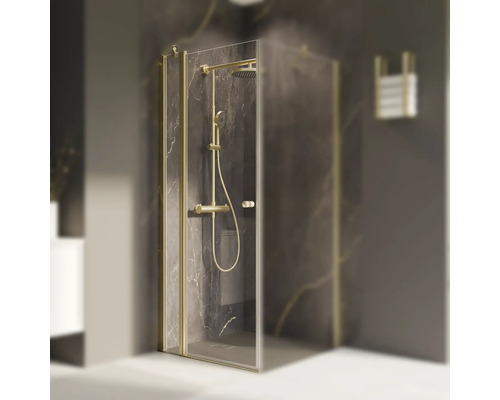 Drehtür für Seitenwand mit Festteil Breuer Elana 2.0 rund 1000x2000 mm Echtglas Klar hell gold Türanschlag links Duschkabine mit Duscharmatur und Handtuchhalter im Badezimmer