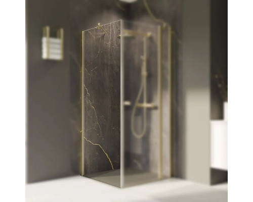 Seitenwand für Drehtür Breuer Elana 2.0 rund 1200x2000 mm Echtglas Klar hell gold Seitenwandanschlag links Begehbare Duschkabine mit Marmorwand und goldenem Rahmen in einem Badezimmer