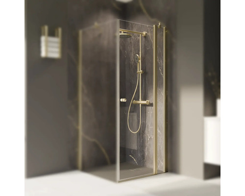 Drehtür für Seitenwand mit Festteil Breuer Elana 2.0 rund 1000x2000 mm Echtglas Klar hell gold Türanschlag rechts Duschkabine mit Duschsystem und Schwingtür vor dunkler Marmorwand