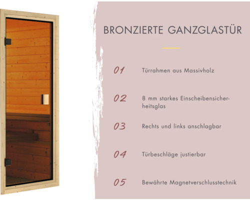 Bronzierte Ganzglastür mit Türrahmen aus Massivholz, 8 mm Einscheibensicherheitsglas, rechts und links anschlagbar, justierbaren Türbeschlägen und Magnetverschlusstechnik.