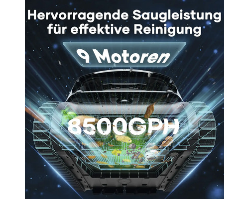Teichroboter mit einer Saugkraft von 8500 Gallonen pro Stunde und neun Motoren