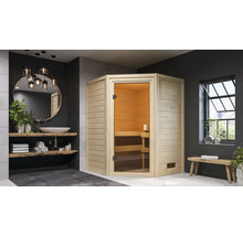 Helle Holzsauna mit Glastür in modernem Badezimmer mit Waschbecken, Spiegel und Bank.
