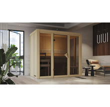 Sauna aus Holz mit Glastür in einem modern eingerichteten Raum.